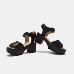 Black Ankle Strap Chunky Platform Cleated Sandals<KOI footwear