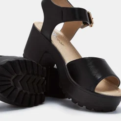 Black Ankle Strap Chunky Platform Cleated Sandals<KOI footwear