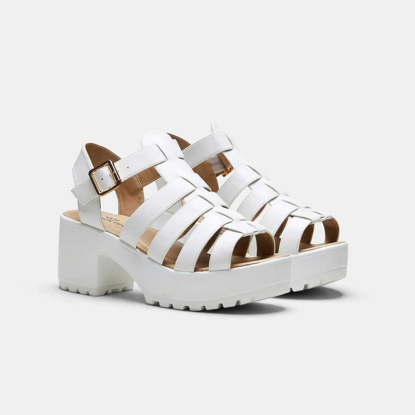 White Chunky Platform Cleated Strappy Sandals<KOI footwear New